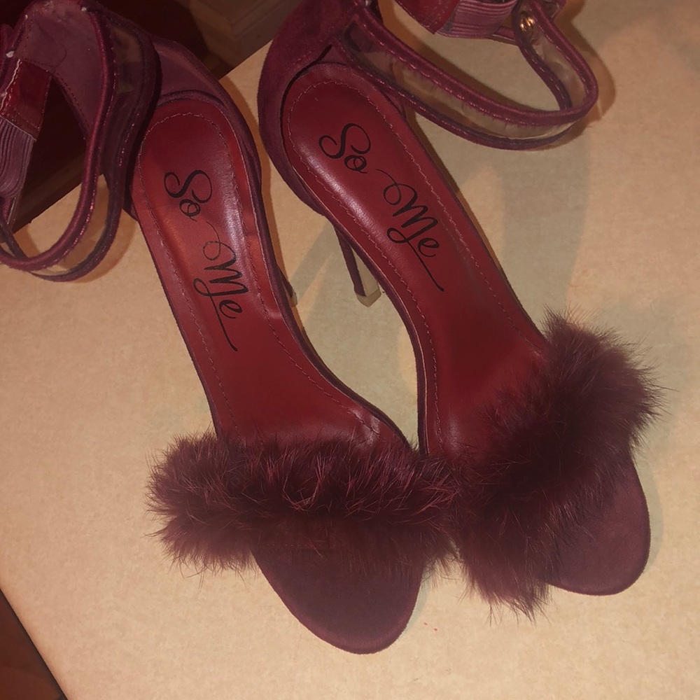 Burgundy heels with fur around the toe part!